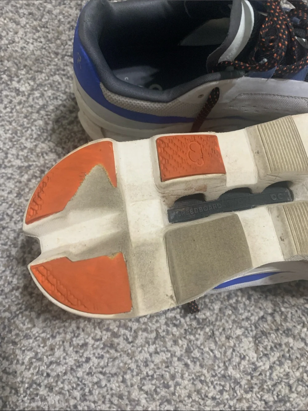 On Running Men's Cloudmonster Sneakers in White with Blue and Orange Accents